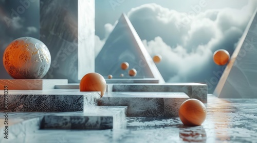 The image is a surreal landscape with floating islands, pyramids, and spheres
