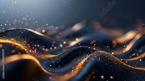 The image is a dark blue background with a glowing, golden wave pattern