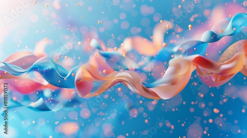 The image is an abstract painting with fluid shapes in various shades of blue, pink, and orange