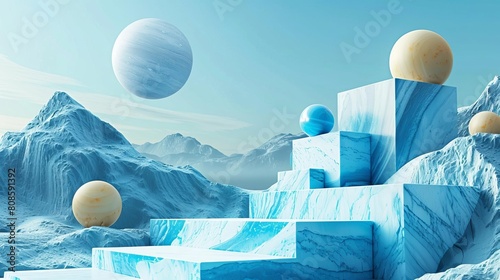 The image is showing a 3D rendering of a blue and white icy landscape with floating rocks and a bright light in the background.