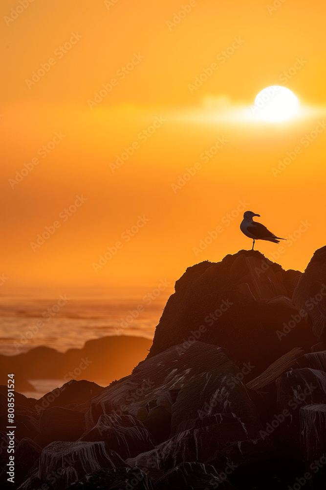 A serene scene unfolds as a solitary seagull gracefully perches on weathered rocks amidst the tranquil embrace of a misty sunrise. Against a backdrop of vibrant orange hues and wispy clouds