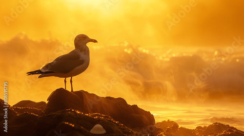 In the tranquil embrace of a misty sunrise, a seagull gracefully perches upon weathered rocks beside the ocean, its silhouette outlined against the golden light of dawn. The sky is painted in hues 
