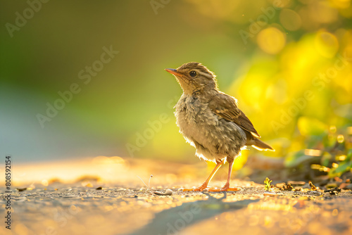 a small bird standing on a sidewalk in the sun photo