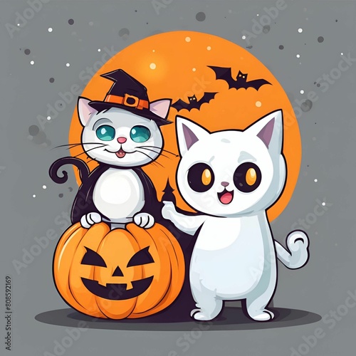 Happy halloween greeting card with pumpkin in cat and ghost costume. Holidays cartoon character. -Vector