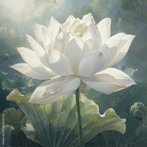 a white lotus flower in full bloom, celestial, bright, pure, radience, sourrounded by a calm mist  photo