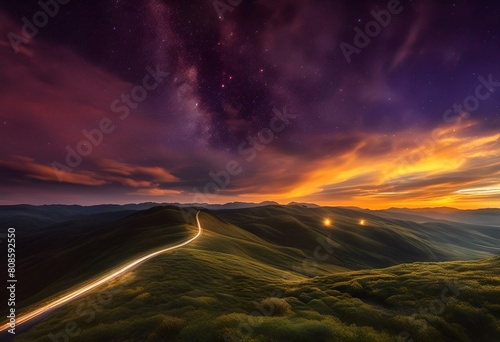 AI generated illustration of a mountain road with traffic lights at a cloudy sunset