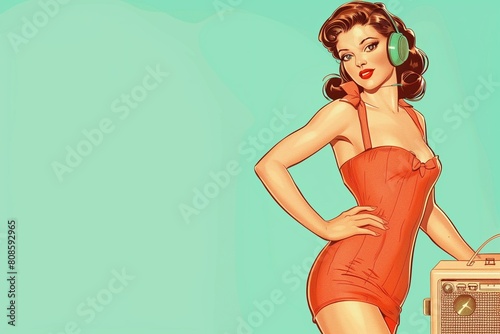A beautiful pin-up woman with a radio and headphones on a blue background. Retro, vintage style
