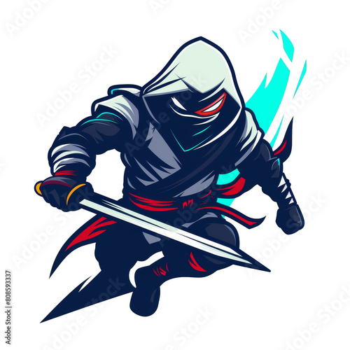 A dynamic ninja leaps with a blazing sword