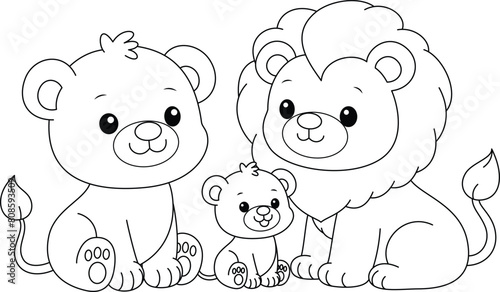 Cute kawaii lion family and baby cartoon character coloring page vector illustration. Wild animal, mothers day, fathers day colouring page for kids