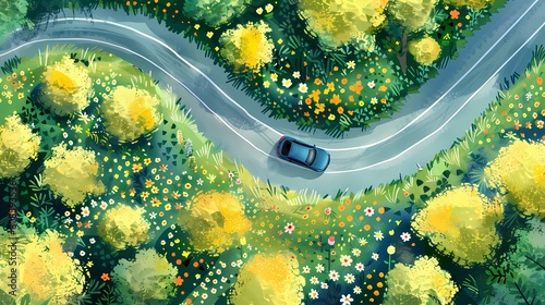 Watercolor spring flowers road illustration poster background