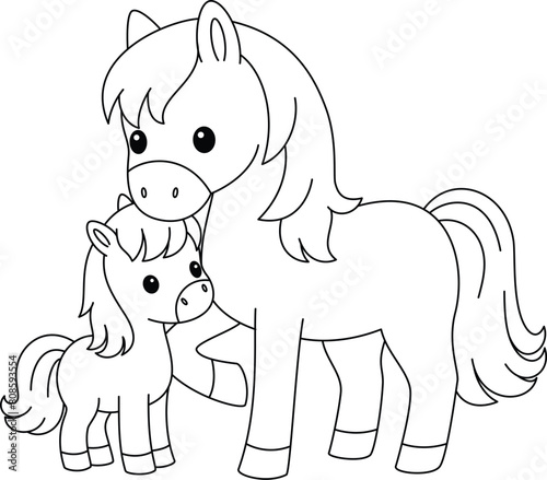 Cute kawaii horse and baby cartoon character coloring page vector illustration. Farm animal, mothers day colouring page for kids