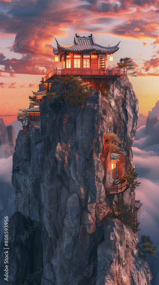 Φωτογραφία Asian traditional house with light on the edge of rock cliff at the foggy morning