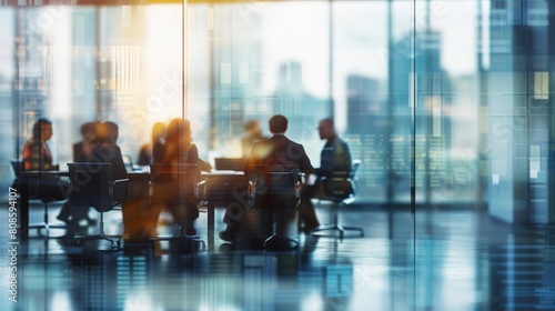 Business people having a board meeting in a conference room visible through a glass wall