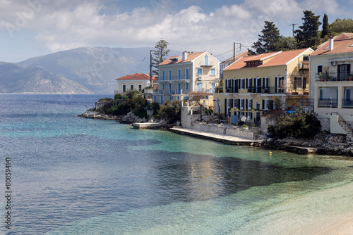 View of the embankment of village Friskardo in Kefalonia (Greece) in a spring day