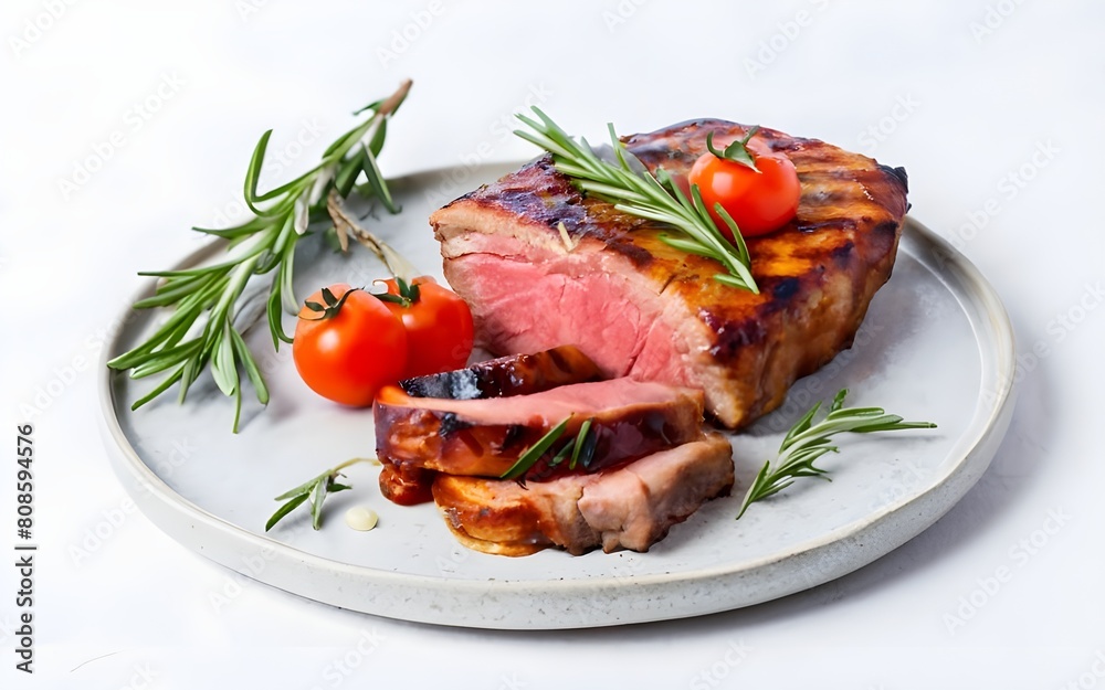 Grilled sliced Beef Steak with sauce, tomatoes and rosemary on a white plate Isolated on white background top view isolated on white background, photo, stock photos, best selling
