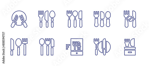 Fork and knife line icon set. Editable stroke. Vector illustration. Containing utensils, appetite, restaurant, cutlery.