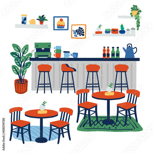 おしゃれなカフェ店内のシンプルでフラットなイラスト
