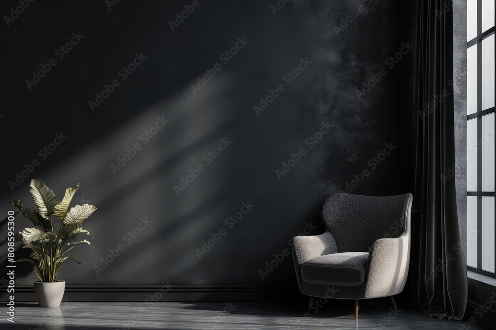 Modern luxury dark living room interior background with grey armchair in night light, dark room interior mock up, black empty wall mockup, vintage living room mockup, 3d rendering Modern luxury dark living room interior background with grey armchair in night light, dark room interior mock up, black empty wall mockup, vintage living room mockup, 3d rendering