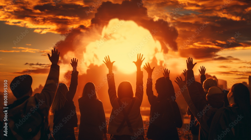 Happy people dancing against the background of a large nuclear explosion at city sunset, hands up