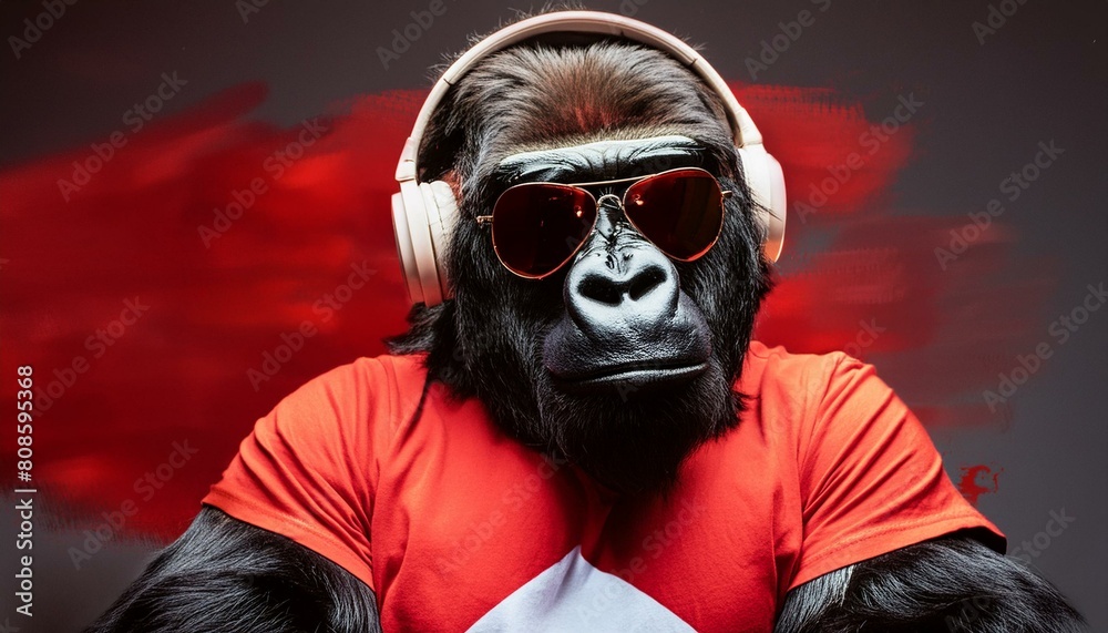 Rockin' Gorilla: Headphones, Sunglasses, and Red Tee