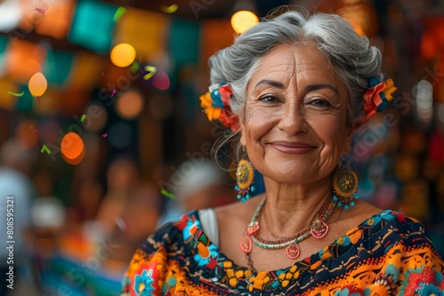 Una mujer mayor sonriendo con un vestido tradicional festejando al fondo luces y papel picado. Fiestas patrias de mexico  photo