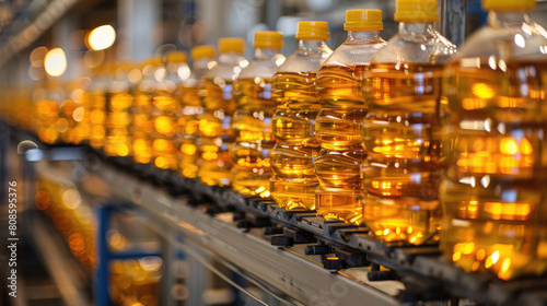 Production of bottled sunflower oil at the factory.
