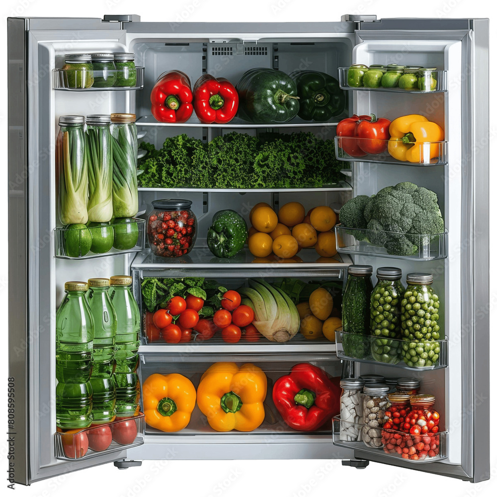The fridge is full of healthy food. There are fruits, vegetables, and drinks. The fridge is organized and clean.