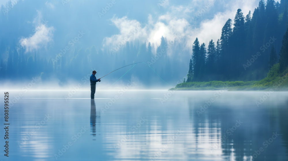 Man happily fishing on the lake on a calm day