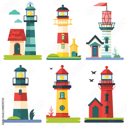 Colorful vector illustration featuring six different lighthouses, unique design colors. Coastal navigation maritime structures, flanked small buildings nature elements, under clear skies. Flat photo