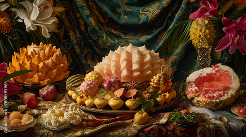 Artistic setup of unique Thai desserts, including sculpted 'kanom chan' and 'look choup,' displayed against a backdrop of intricate silk fabricsrealistic photography photo