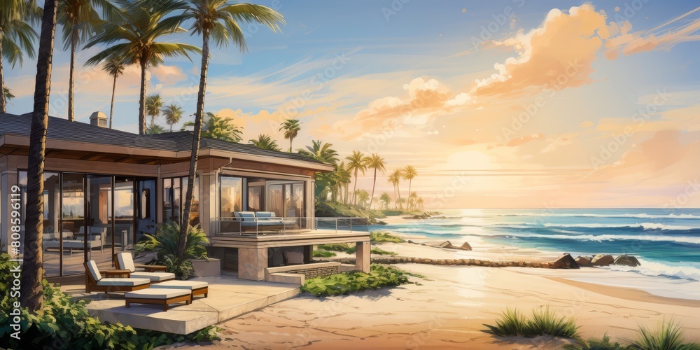 Vacation home banner showcasing a serene beachfront property with panoramic ocean views, luxurious amenities, and outdoor entertainment areas, against a backdrop of palm trees