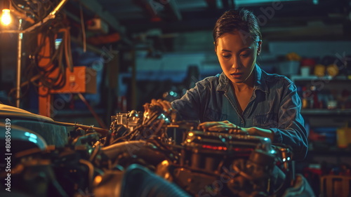 Skilled Mechanic Repairing Engine, Expert Technician Working on Car Repair in Garage photo