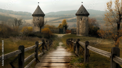 Empty small medieval settlement between two small stone watch towers, crossing a lowered wooden drawbridge photo
