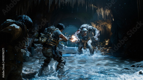 Soldier with gear shooting and fighting a shadowy humanoid creature with twisted limbs and large fangs
