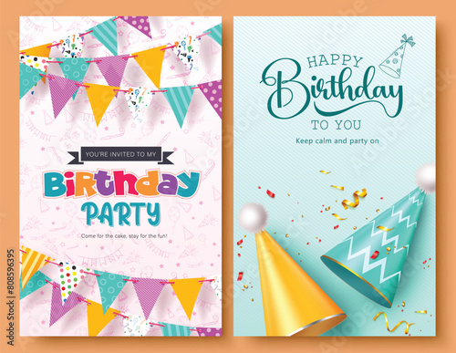 Birthday party invitation vector poster set design. Happy birthday greeting text with streamers, banners and party hat decoration elements in pink and green background. Vector illustration birthday 