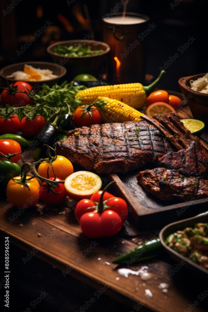 The sensory experience of summer cooking, capturing the sights, sounds, and aromas of sizzling barbecue and fresh produce The sensory experience of summer cooking, capturing the sights, sounds, and aromas of sizzling barbecue and fresh produce