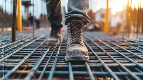 Close-up of a workers feet in boots walking on a steel rebar grid at a construction site photo