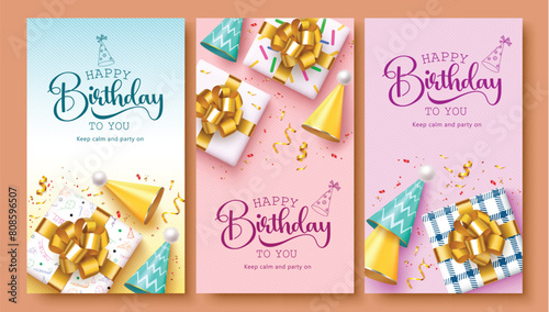 Happy birthday greeting card vector set design. Birthday invitation card collection with gift boxes, party hat and confetti decoration elements. Vector illustration birthday greeting design. 
