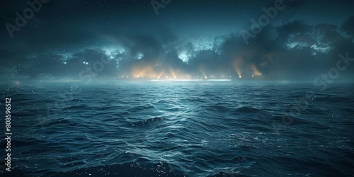 A dark ocean at night with storm clouds , dark sea 