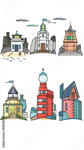 Six colorful handdrawn buildings, various architectural styles, white isolated background. Creative cityscape illustration, cartoonlike drawing, vibrant colors, urban scenery. Unique mix traditional photo