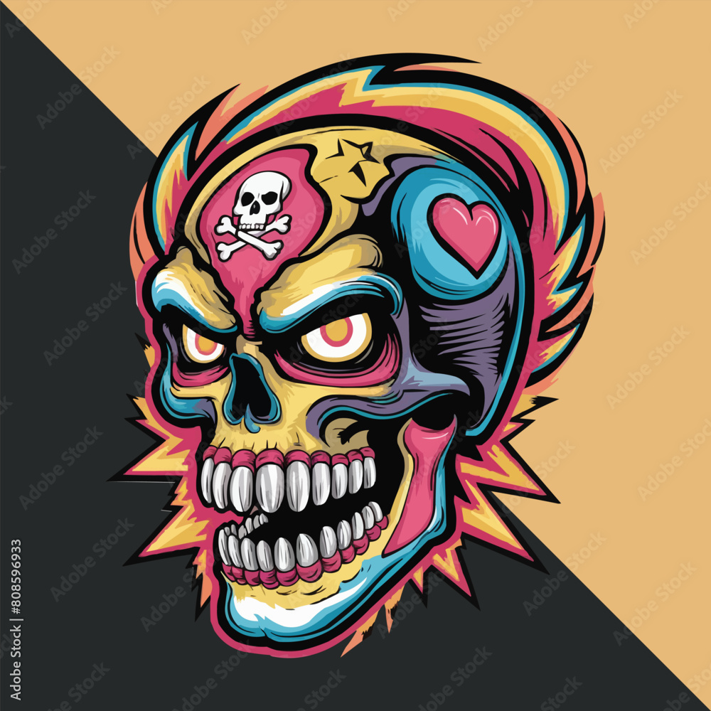 An attractive t-shirt design featuring a colorful, stylized skull with sharp, glowing eyes and skull and intricate symbols such as crossbones, hearts and stars.