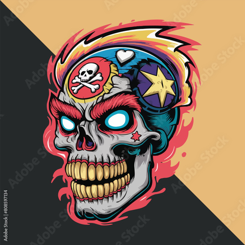 An attractive t-shirt design featuring a colorful, stylized skull with sharp, glowing eyes and skull and intricate symbols such as crossbones, hearts and stars.