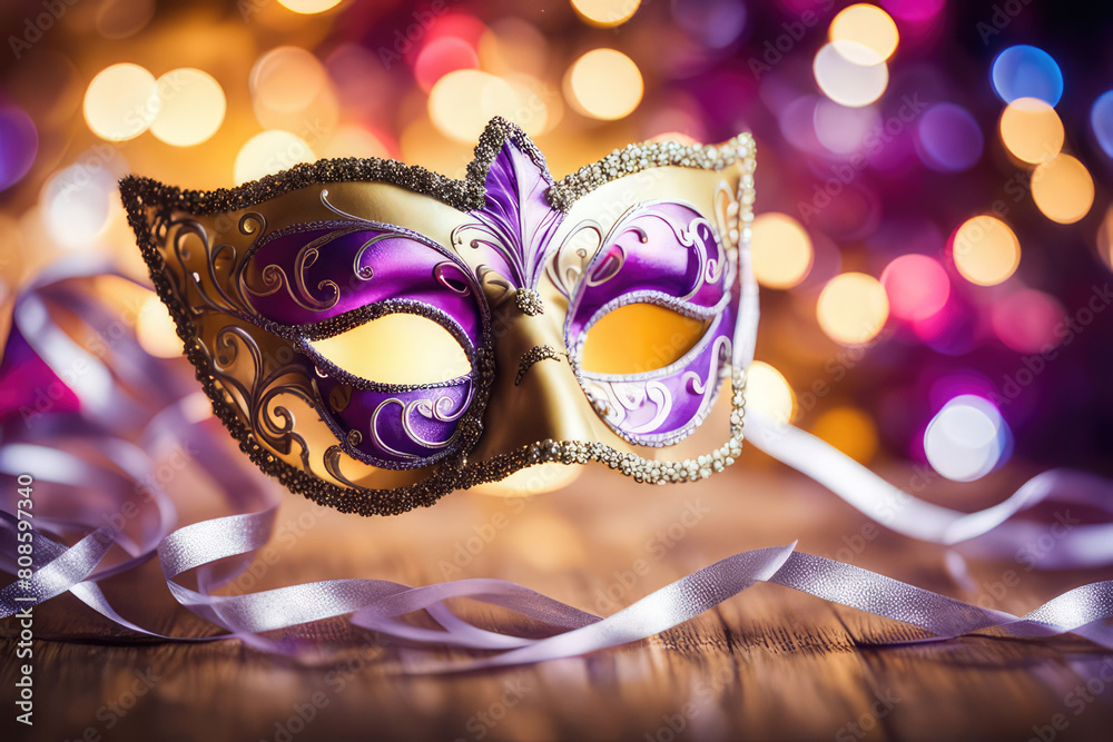Carnival Party -Venetian Mask With Abstract Defocused Bokeh Lights And Shiny Streamers  Masquerade Disguise Concept
