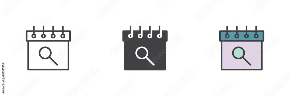 Calendar with magnifying glass different style icon set Calendar with magnifying glass different style icon set