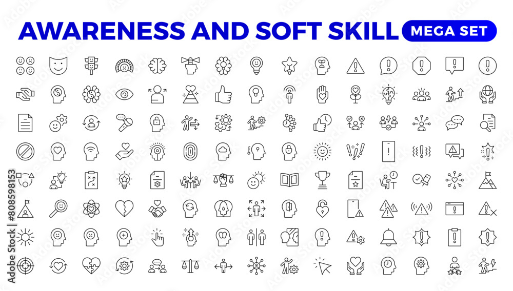 Set of self awareness icons. Thin linear style icons Pack.Vector Illustration.Volunteering set. Outline set volunteering vector icon. Soft skills icon Containing communication, empathy, assertiveness.