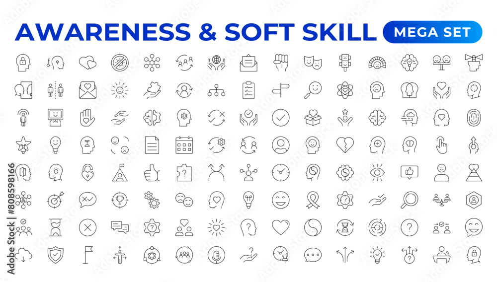 Set of self awareness icons. Thin linear style icons Pack.Vector Illustration.Volunteering set. Outline set volunteering vector icon. Soft skills icon Containing communication, empathy, assertiveness. Set of self awareness icons. Thin linear style icons Pack.Vector Illustration.Volunteering set. Outline set volunteering vector icon. Soft skills icon Containing communication, empathy, assertiveness.