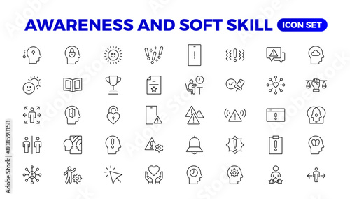 Set of self awareness icons. Thin linear style icons Pack.Vector Illustration.Volunteering set. Outline set volunteering vector icon. Soft skills icon Containing communication, empathy, assertiveness.