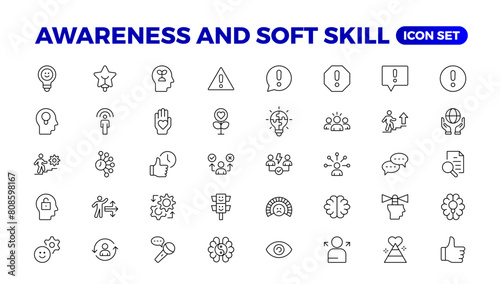 Set of self awareness icons. Thin linear style icons Pack.Vector Illustration.Volunteering set. Outline set volunteering vector icon. Soft skills icon Containing communication, empathy, assertiveness.