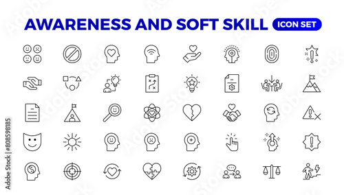 Set of self awareness icons. Thin linear style icons Pack.Vector Illustration.Volunteering set. Outline set volunteering vector icon. Soft skills icon Containing communication, empathy, assertiveness.