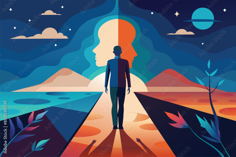 Man between two profile faces with celestial elements, vector cartoon illustration. Abstract depiction of person making choice or experiencing dichotomy, set against night sky backdrop. Man between two profile faces with celestial elements, vector cartoon illustration. Abstract depiction of person making choice or experiencing dichotomy, set against night sky backdrop.